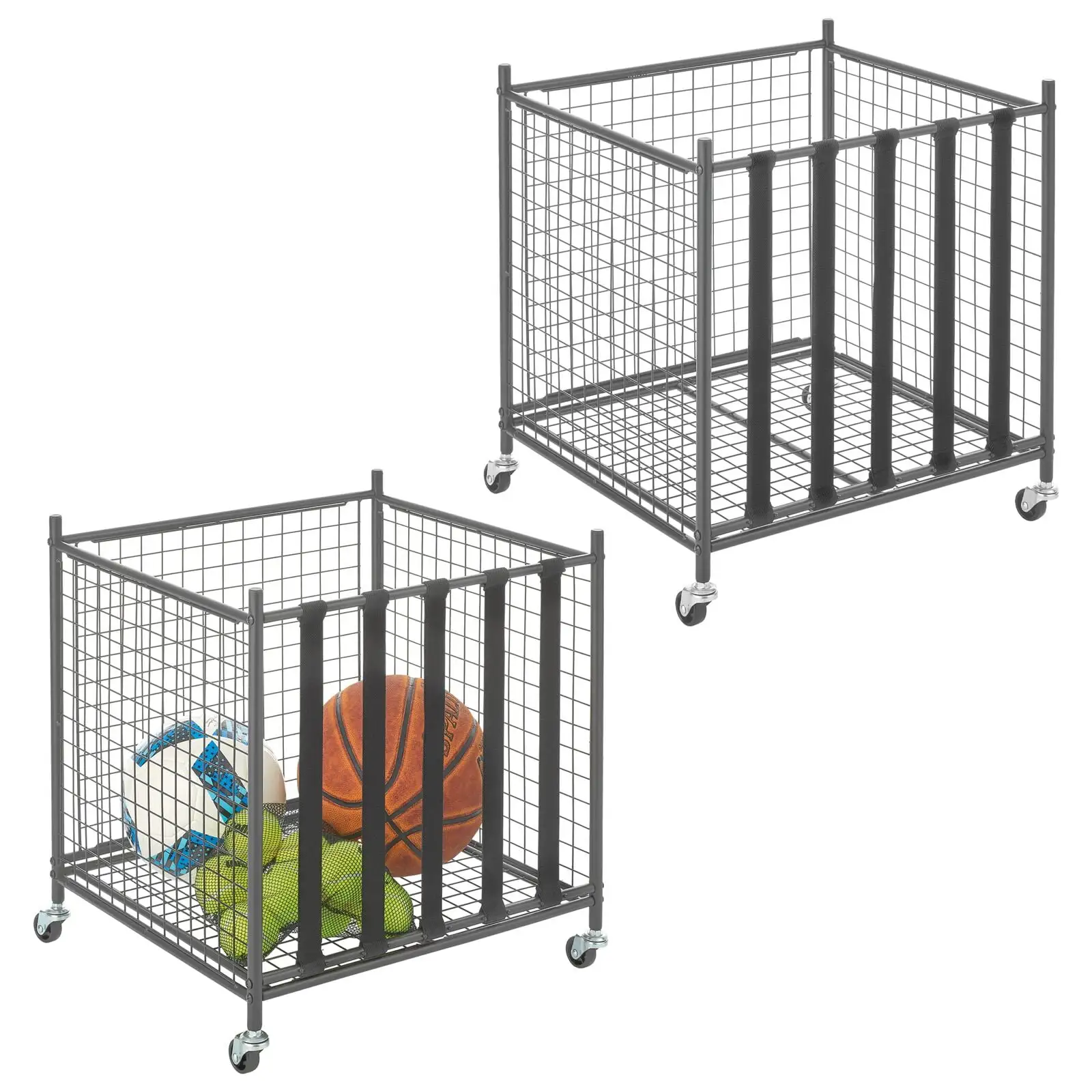 mDesign Metal Rolling Sports Equipment Storage Holder Rack - 2 Pack - Dark Gray