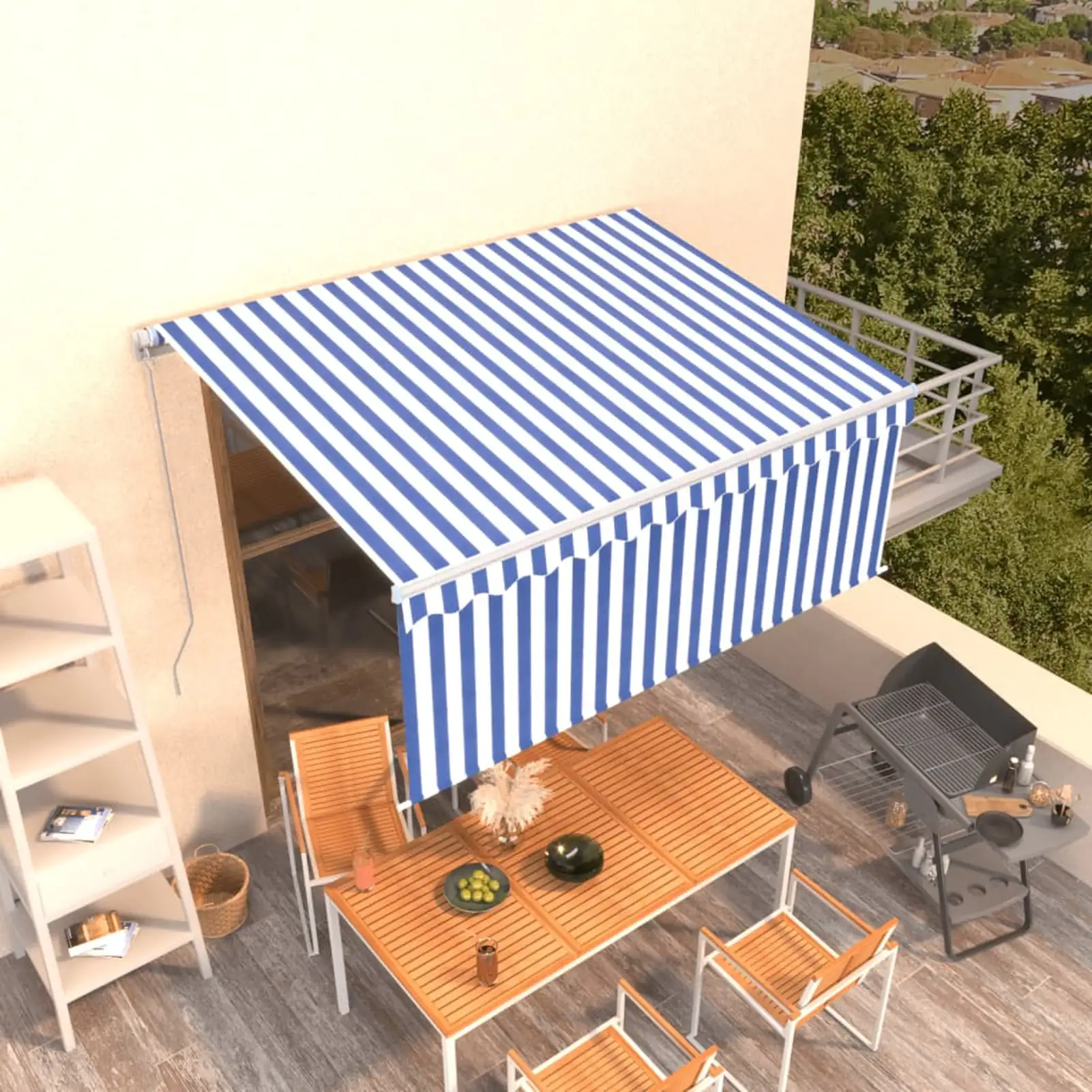 moobody Manual Retractable Awning with Blind Shelter Blue and White for Patio. Balcony. Backyard. Garden. Deck 118.1in x 98.4in