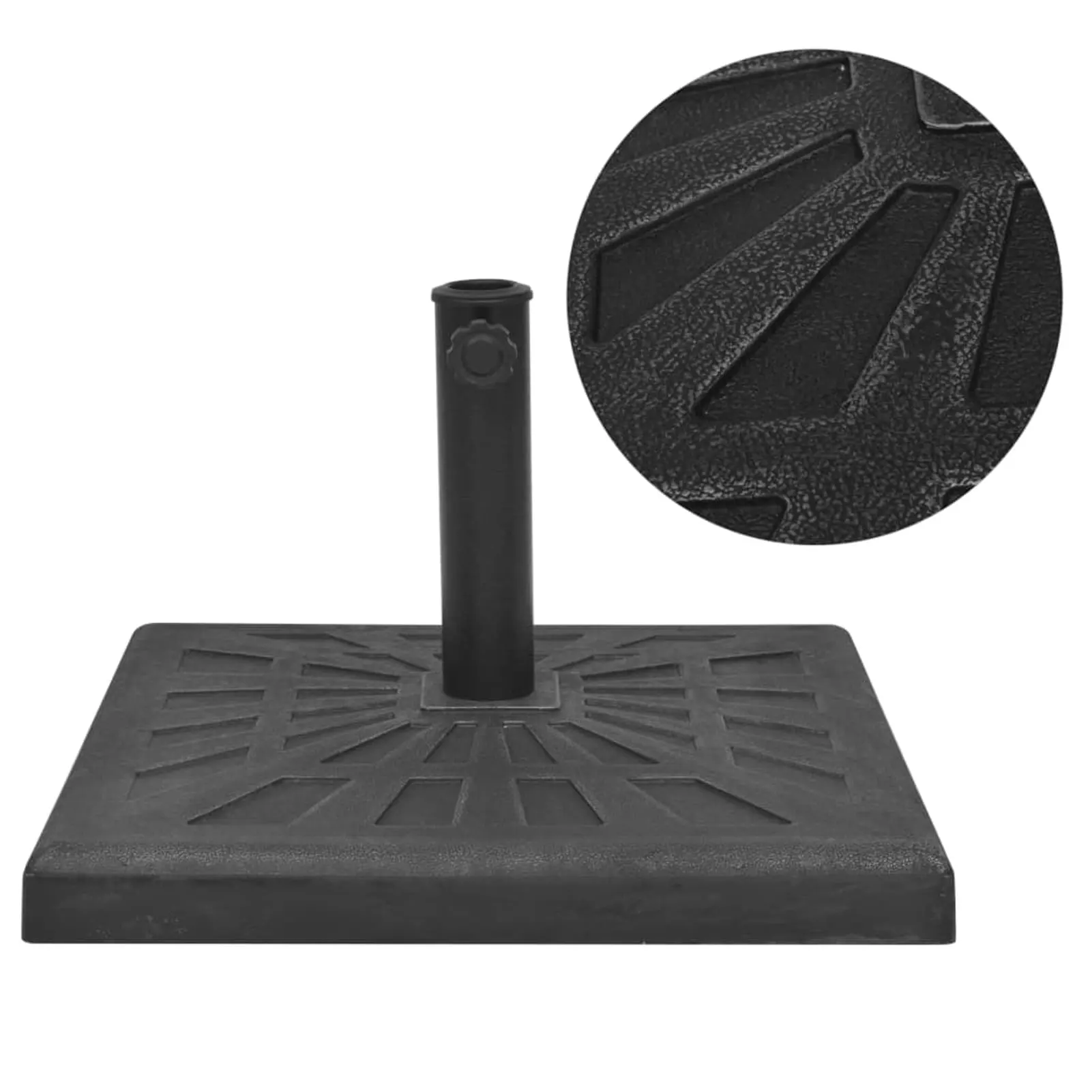 moobody Parasol Base Resin with 2 Adapters. Locking Bolt Umbrella Patio Black 26.5 lb Overall Dimensions: 16.7 inch x 16.7 inch x 12.6 inch (W x D x H)