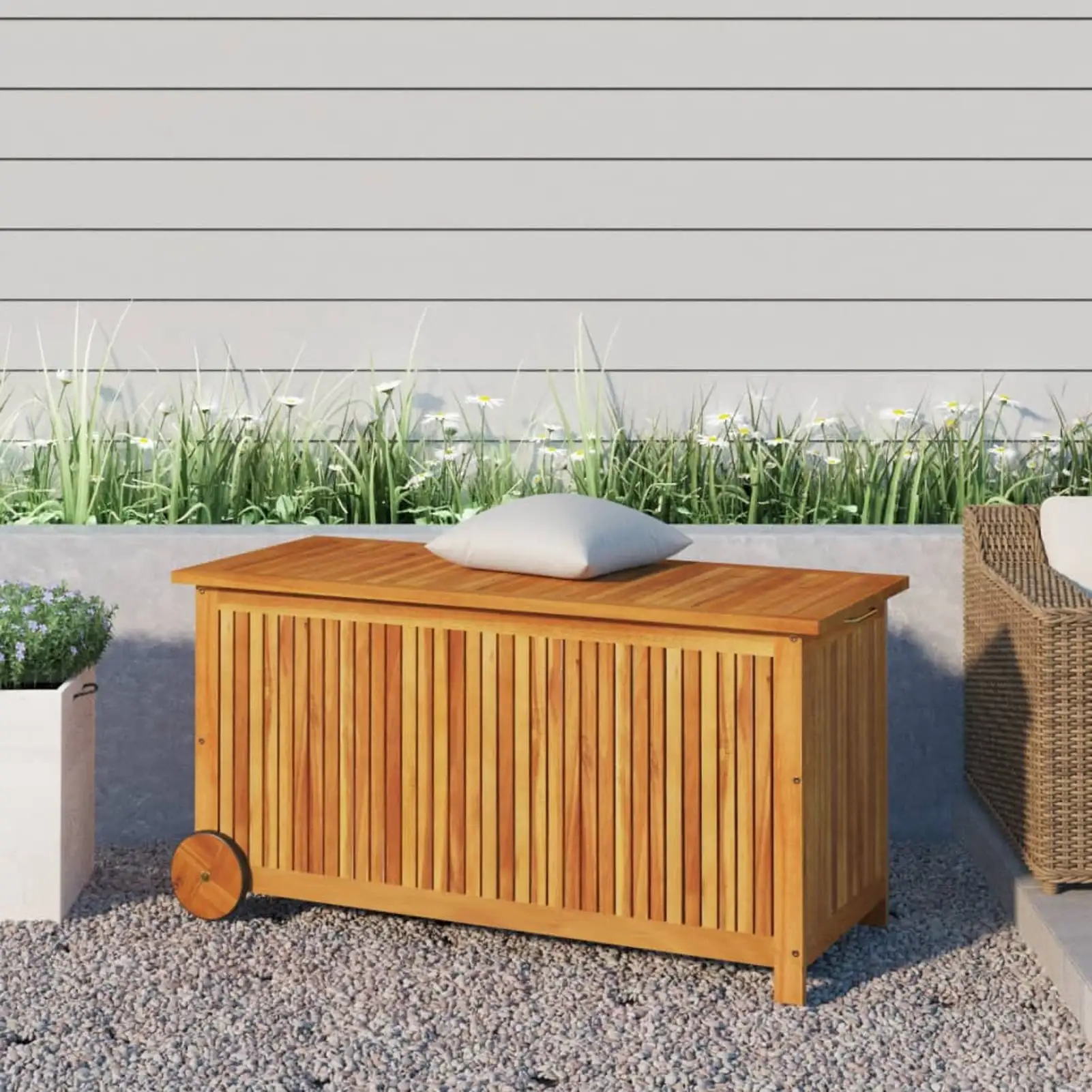 moobody Patio Storage Box with Inner Bag and Wheels. Acacia Wood Indoor Deck Box. Wooden Storage Container for Garden Tools. Pool Supplies. Patio Cushions. Pillows. Blankets