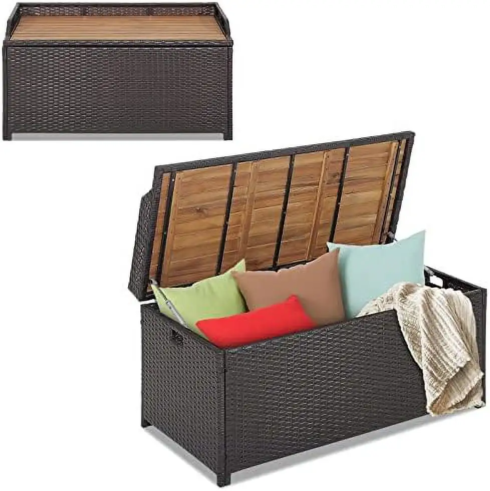 xrboomlife 34 Gallon Patio Bench Deck Box 3-in-1 Rattan Wicker Box with Seat Cushion & Zippered Protective Liner Effort-Saving Gas Strut